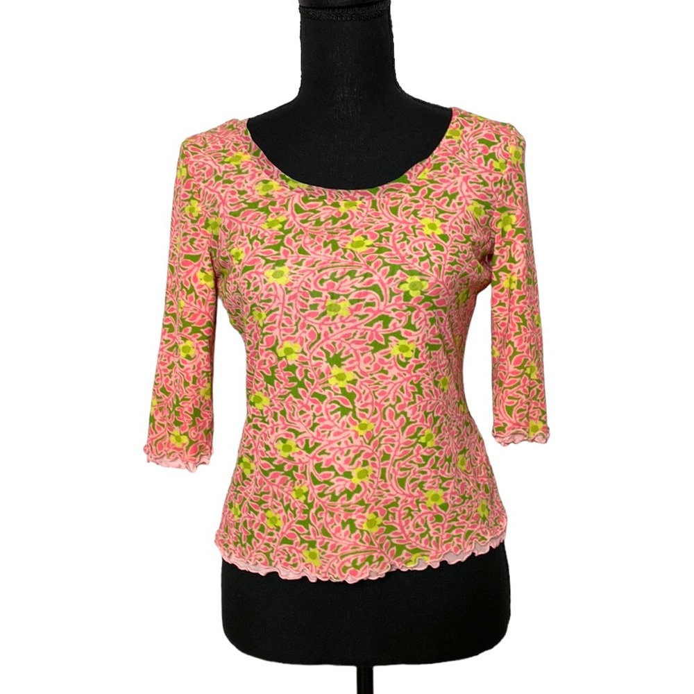 Sigrid Olsen Pink Green Floral Mesh Layered Top PS